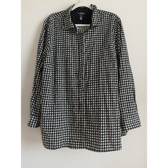 CHAPS No-Iron Button Down Black‎ White Houndstooth Contrast Cuffs Top Size 2X - Picture 7 of 10